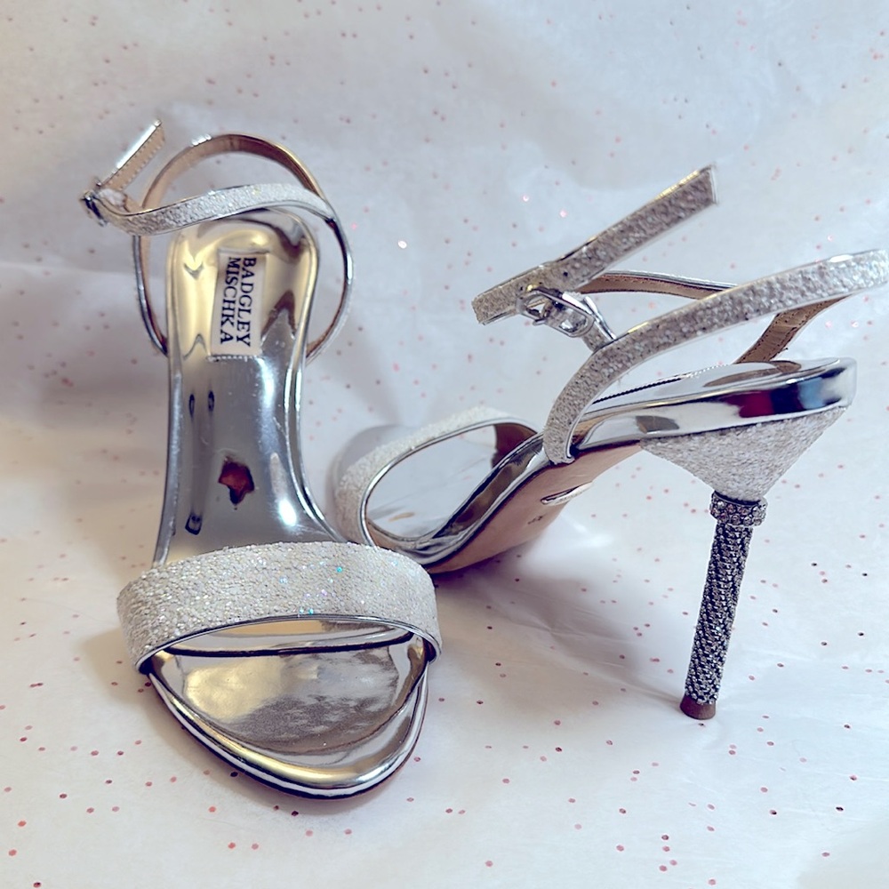 Badgley Mischka Silver Glitter Strappy Heels - Picture 2 of 8
